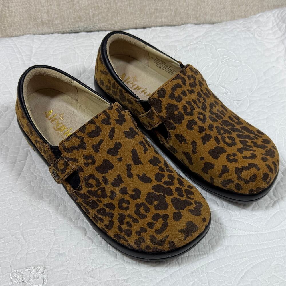 Alegria Women's Tan/Black Leopard Suede Leather Clog Comfort Slip On Size 8 (38)
